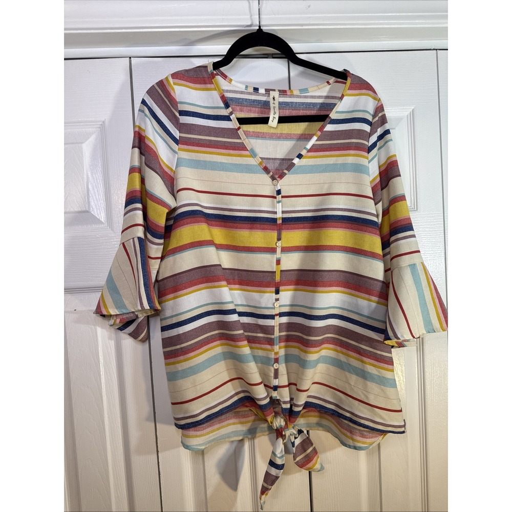 Vanilla Bay V-Neck Button Front Tie Knot Top Stripes Navy Tans Reds